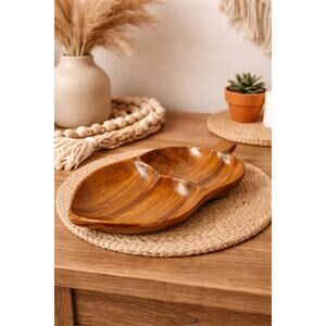 Vintage Acacia Wood Leaf Divided Serving Tray 2 Section Snack Bowl Boho Decor